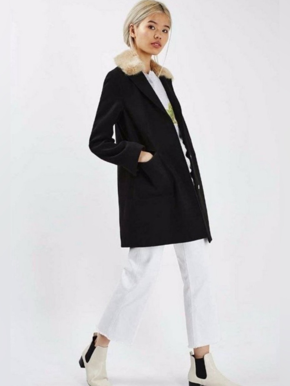 TOPSHOP  black wool boyfriend coat with detachable fur collar. Size US4